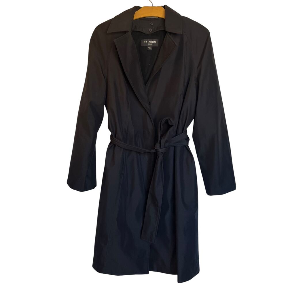 St. John Black Trench Coat Wool Cashmere Liner Mid Length Jacket Old Money 12